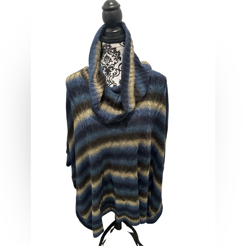 Striped Cowl Neck Sweater - Blue and Brown